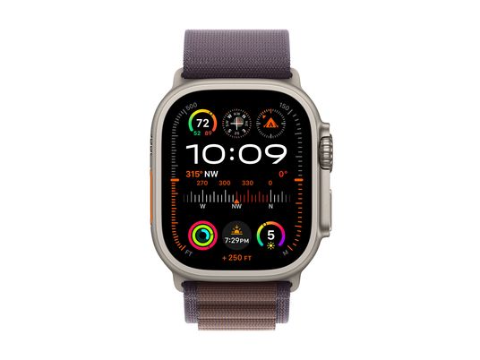 APPLE Ultra 2 (GPS + Cellular, Titan) 49 mm  - Smartwatch (Small 130-160 mm, Textilgewebe (Carbon Neutral), Titan Natur/Indigo)