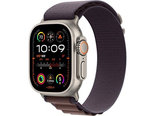 APPLE Ultra 2 (GPS + Cellular, Titane) 49 mm  - Smartwatch (Medium 145-190 mm, Tissu Textile (Carbon Neutral), Titane Naturel/Indigo)