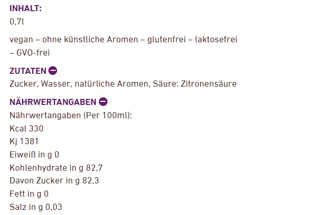 Nährwertangaben mit Text auf Deutsch. Enthält Kalorien, Kohlenhydrate, Zucker, Fett und Salz.