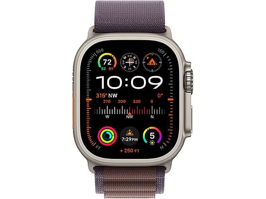 APPLE Ultra 2 (GPS + Cellular, Titan) 49 mm - Smartwatch (Large 165-210 mm, Textilgewebe (Carbon Neutral), Titan Natur/Indigo)