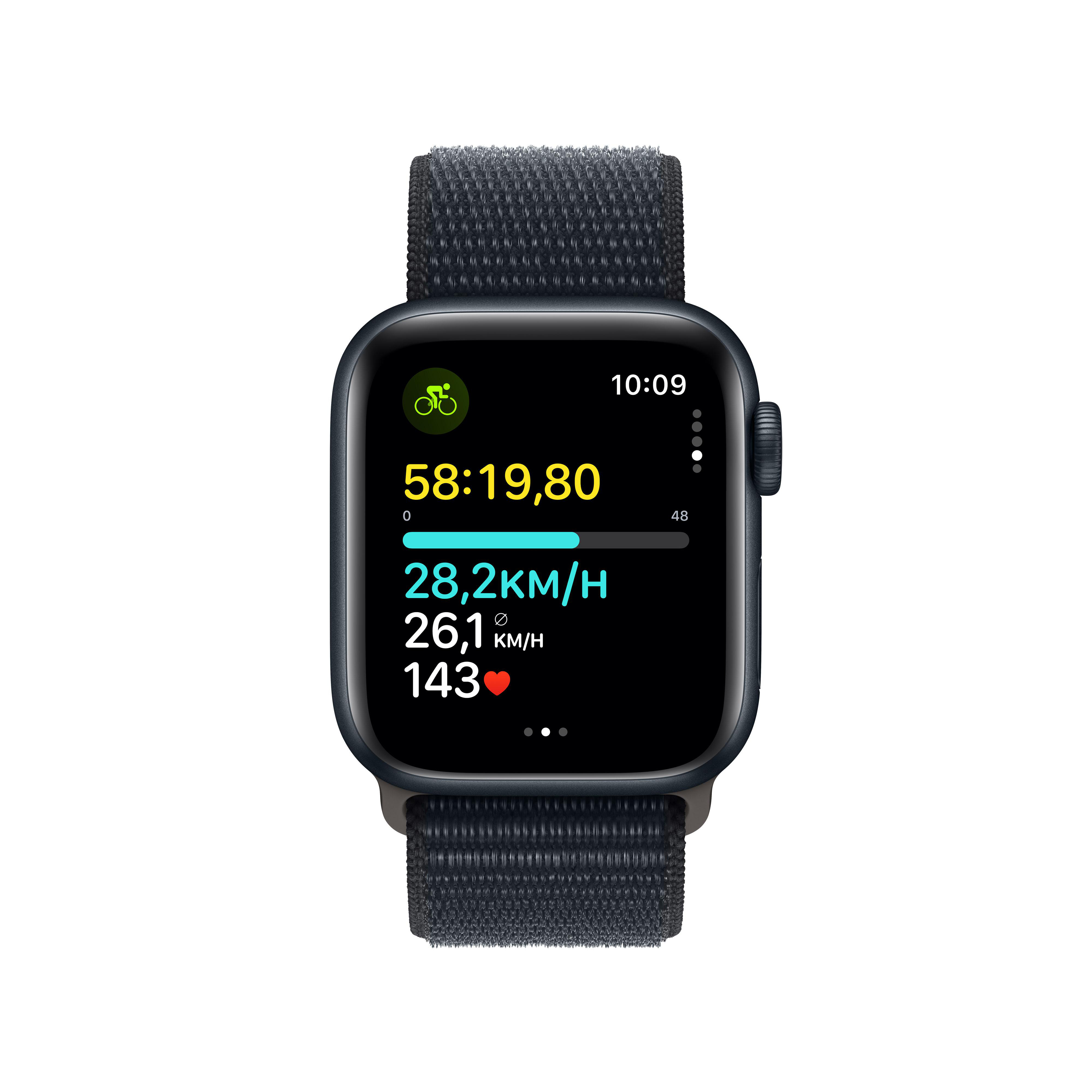 Eine Apple Watch mit einem Trainingsbildschirm, der Radfahrdaten und Herzfrequenz anzeigt.