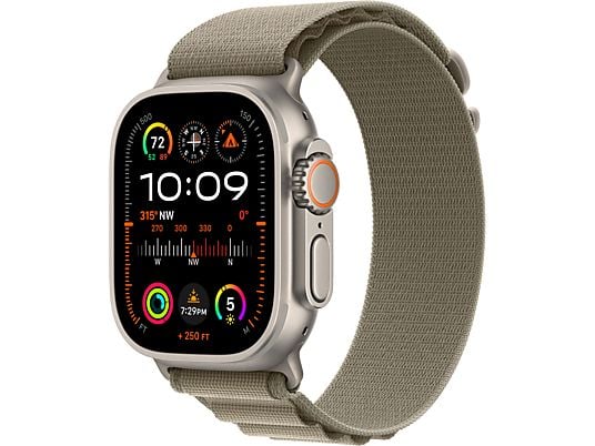 APPLE Ultra 2 (GPS + Cellular, Titan) 49 mm  - Smartwatch (Medium 145-190 mm, Tissu textile (neutre en carbone), Titane naturel/Olive)