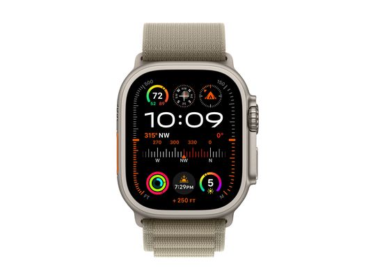 APPLE Ultra 2 (GPS + cellulare, titanio) 49 mm  - Smartwatch (Medium 145-190 mm, Tessuto tessile (Carbon Neutral), Titanio naturale/oliva)