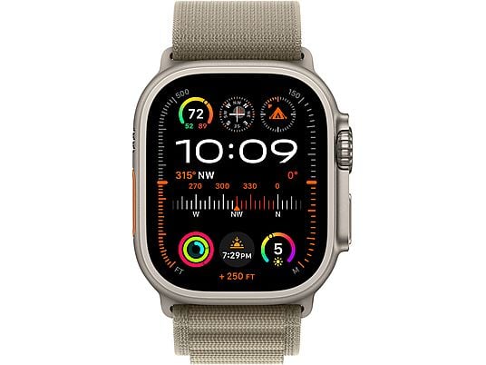 APPLE Ultra 2 (GPS + Cellular, Titan) 49 mm  - Smartwatch (Medium 145-190 mm, Tissu textile (neutre en carbone), Titane naturel/Olive)