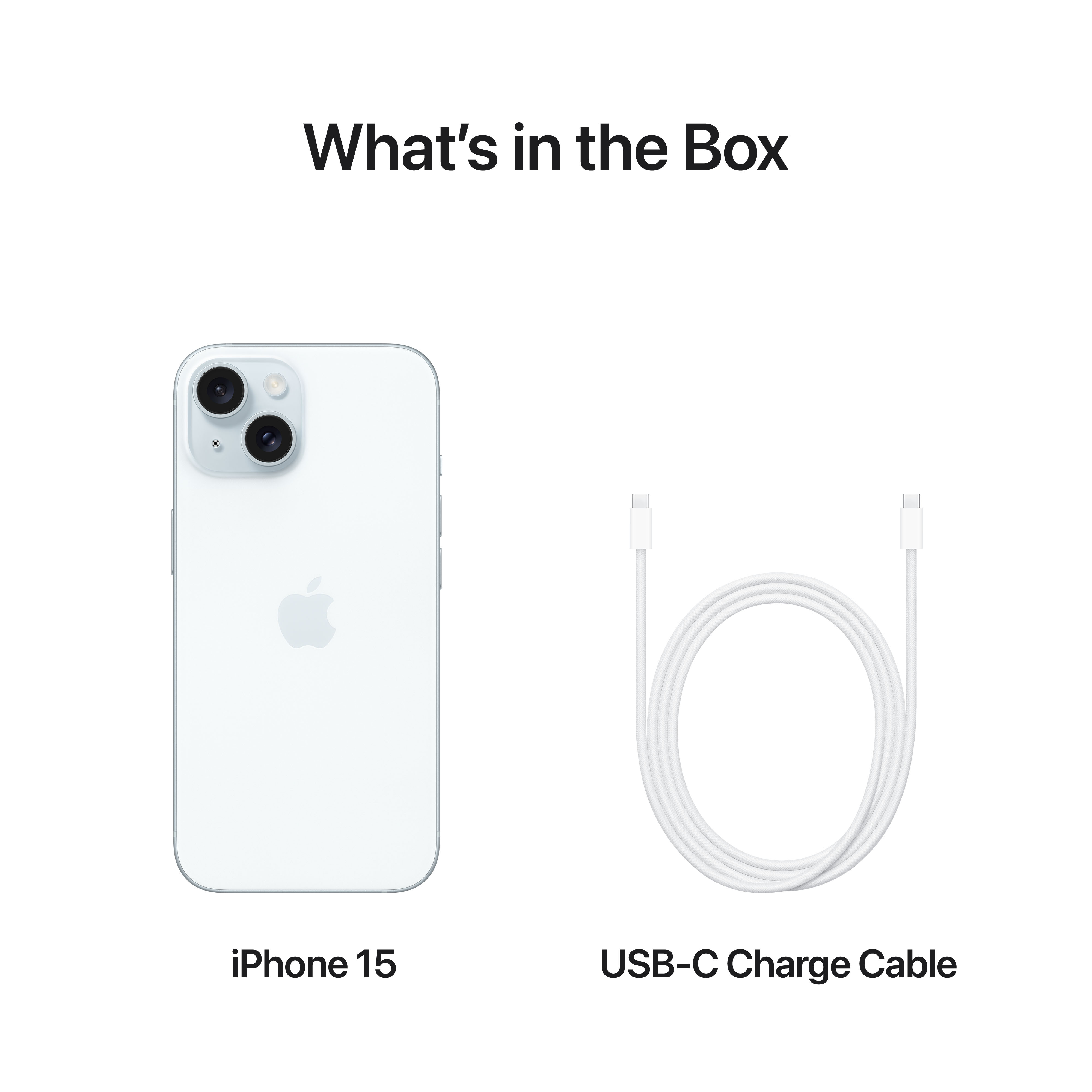Ein iPhone 15 und ein USB-C-Ladekabel auf weißem Hintergrund, mit Textüberlagerung.