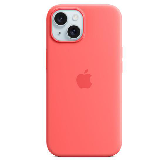Korallenfarbenes iPhone mit zwei Kameras und Apple-Logo. Die Rückseite ist glatt und glänzend.