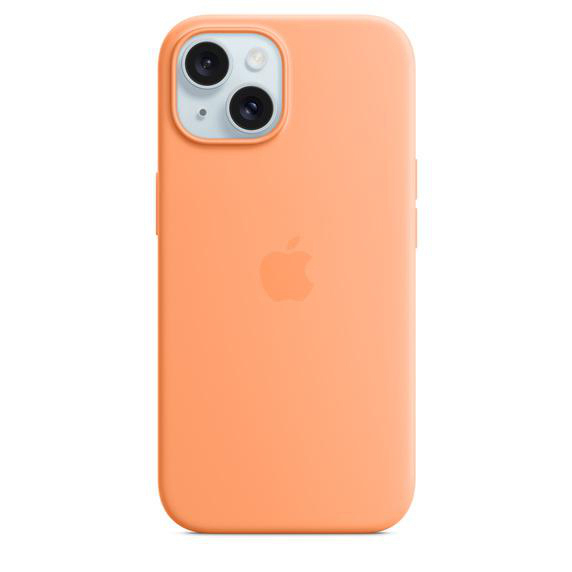 Orangene iPhone-Hülle mit drei Kameras. Auf der Rückseite das Apple-Logo.