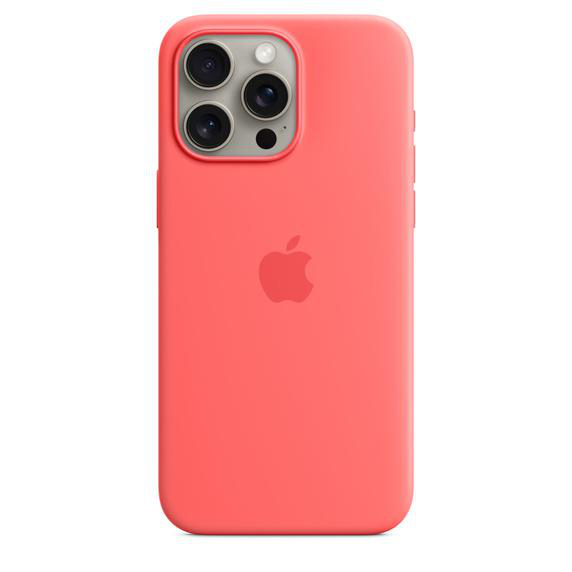 Korallenfarbenes iPhone-Case mit drei Kameras und Apple-Logo.