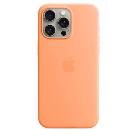 Orangene iPhone-Hülle mit Apple-Logo. Weißer Hintergrund.
