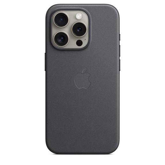 Dunkelgraues iPhone mit drei Kameras und Apple-Logo. Die Rückseite ist strukturiert.