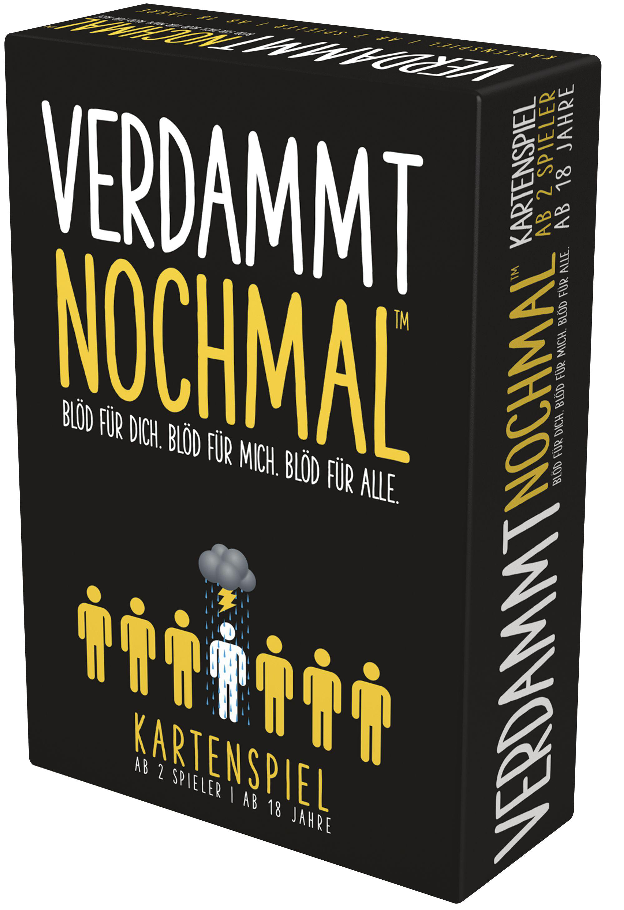 Kartenspielbox, schwarz mit weißem und gelbem Text, Figuren und einer Gewitterwolke.