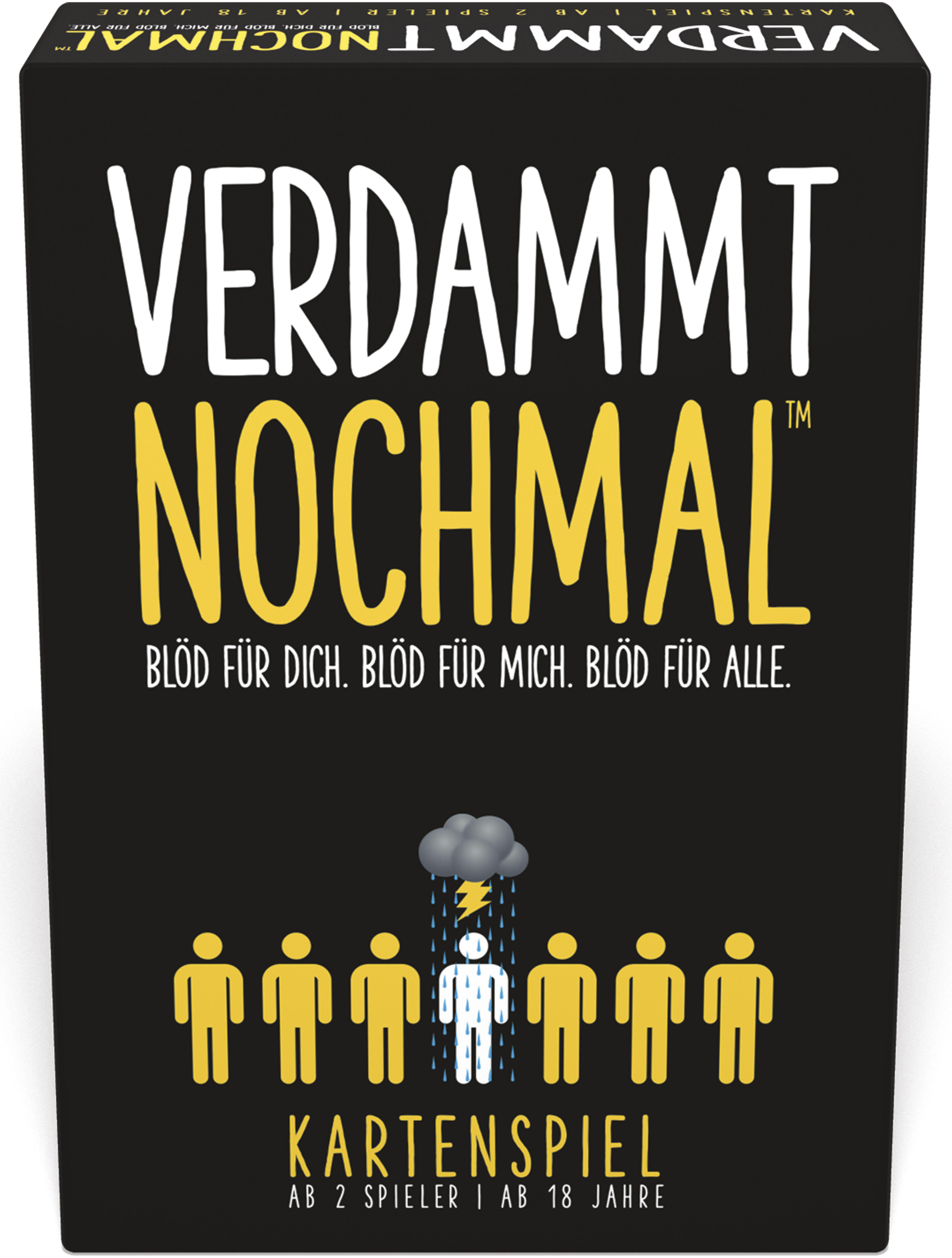 Kartenspielbox: 'Verdammt Nochmal' mit Figuren, Gewitterwolke und Text.