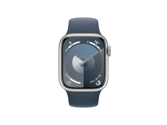 APPLE Watch Series 9 (GPS, alluminio) 41 mm - Smartwatch (M/L 150-200 mm, fluoroelastomero, argento/blu tempesta)