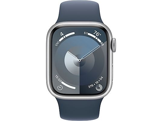 APPLE Watch Series 9 (GPS, Alu) 41 mm - Smartwatch (M/L 150-200 mm, Fluoroélastomère, Argent/Bleu tempête)