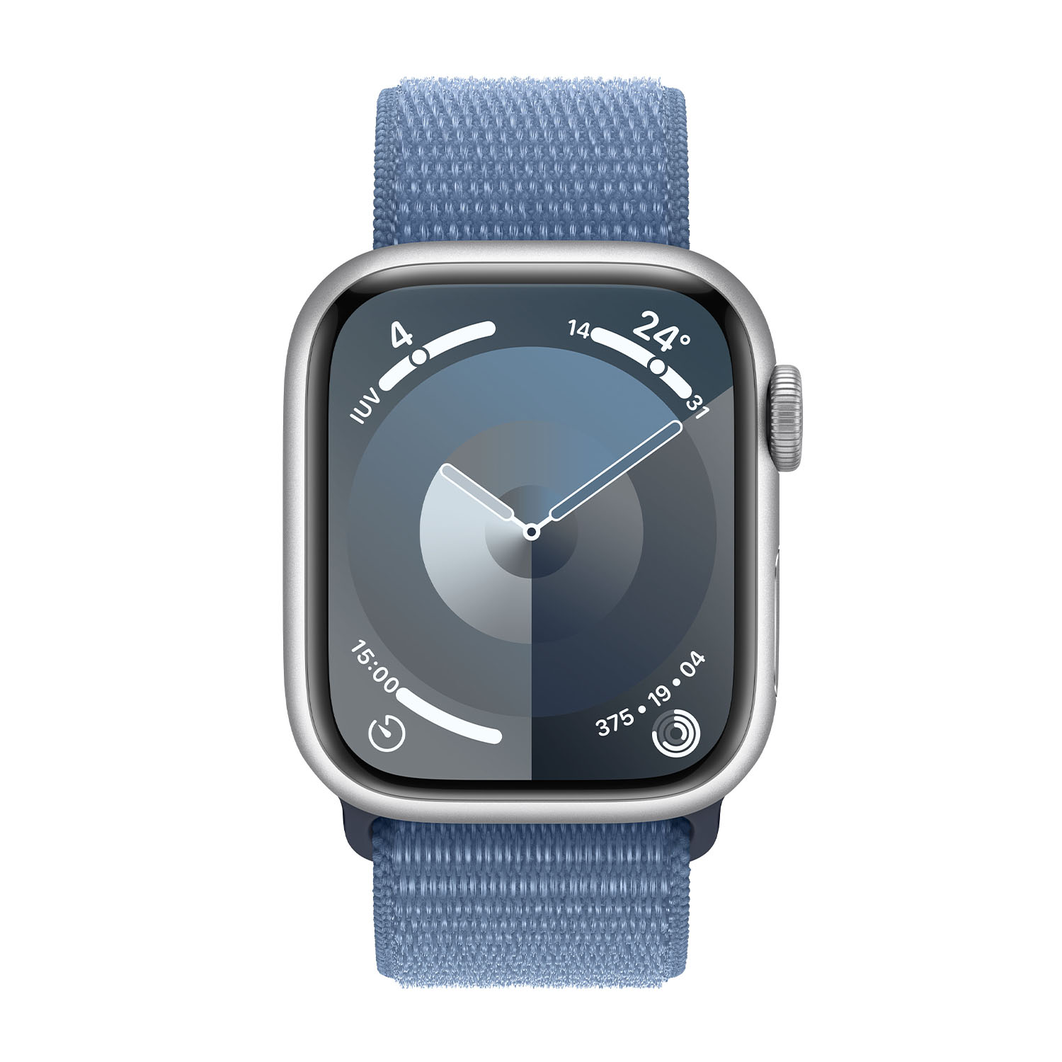 Uno smartwatch argentato con cinturino blu. Lo schermo visualizza un'interfaccia circolare.