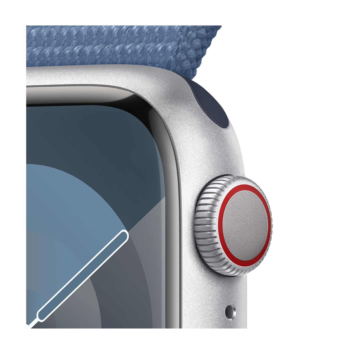 Primo piano di Apple Watch, con cassa argentata, cinturino blu e corona rossa.