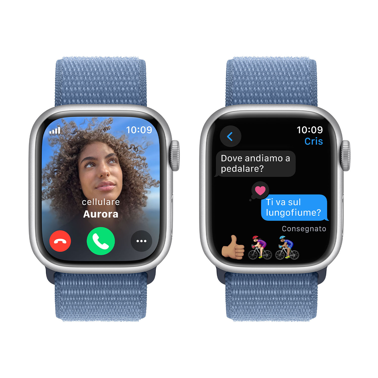 Apple Watch mostra videochiamata e conversazione con emoji bicicletta.