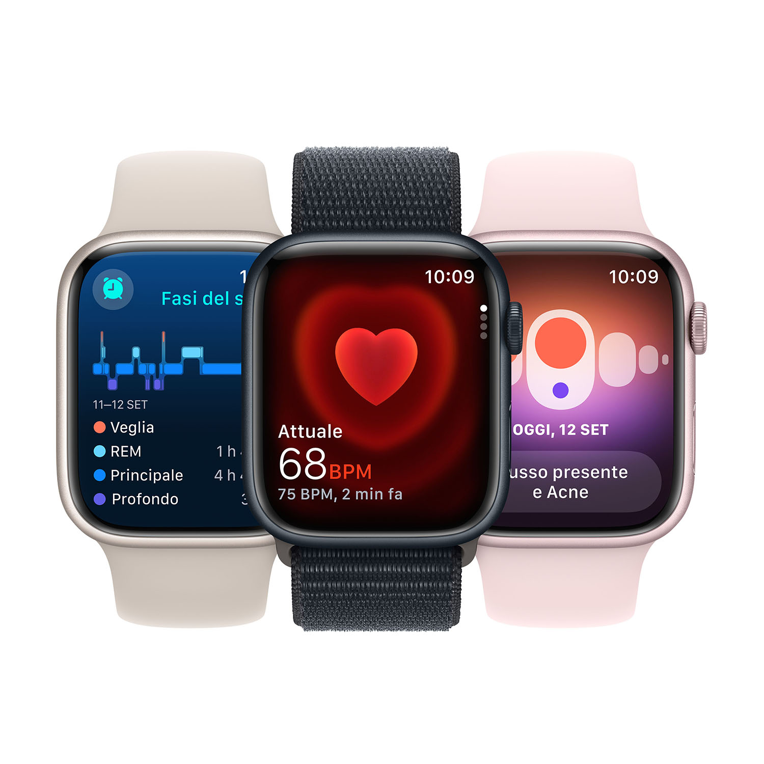 Tre smartwatch che mostrano diverse metriche di salute: sonno, frequenza cardiaca e benessere generale.