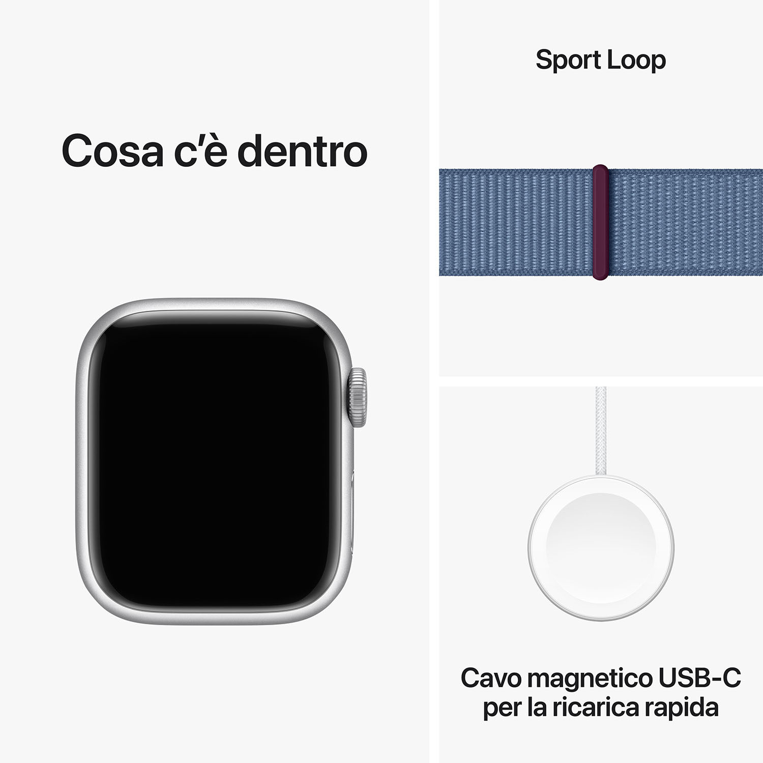 Apple Watch con cinturino Sport Loop e cavo di ricarica magnetico USB-C.