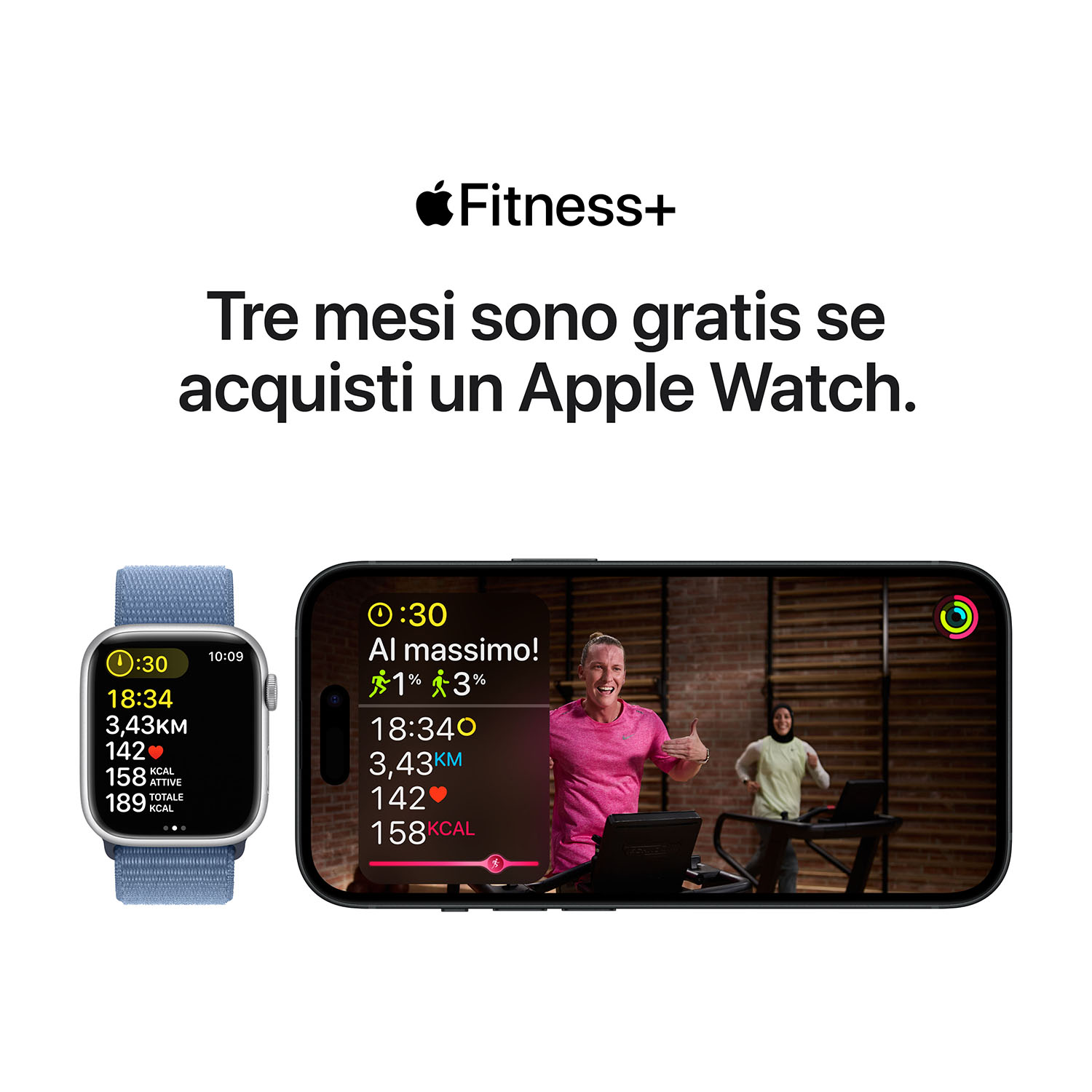 Un Apple Watch mostra i dati dell'allenamento accanto a un allenamento Fitness+ su un iPhone.