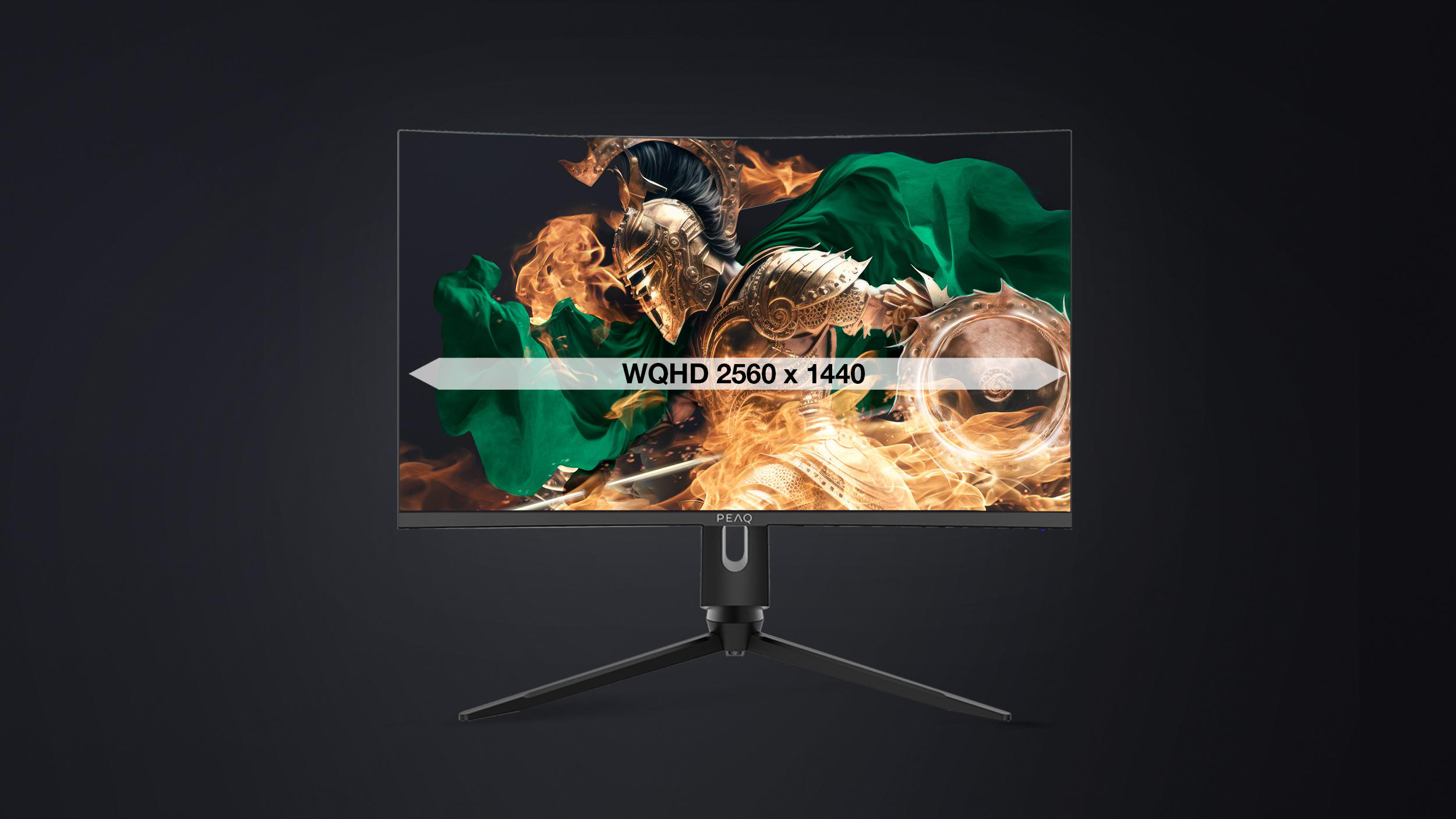 Ein gekrümmter Monitor, der eine Spielszene anzeigt, mit WQHD 2560 x 1440 Text-Overlay.