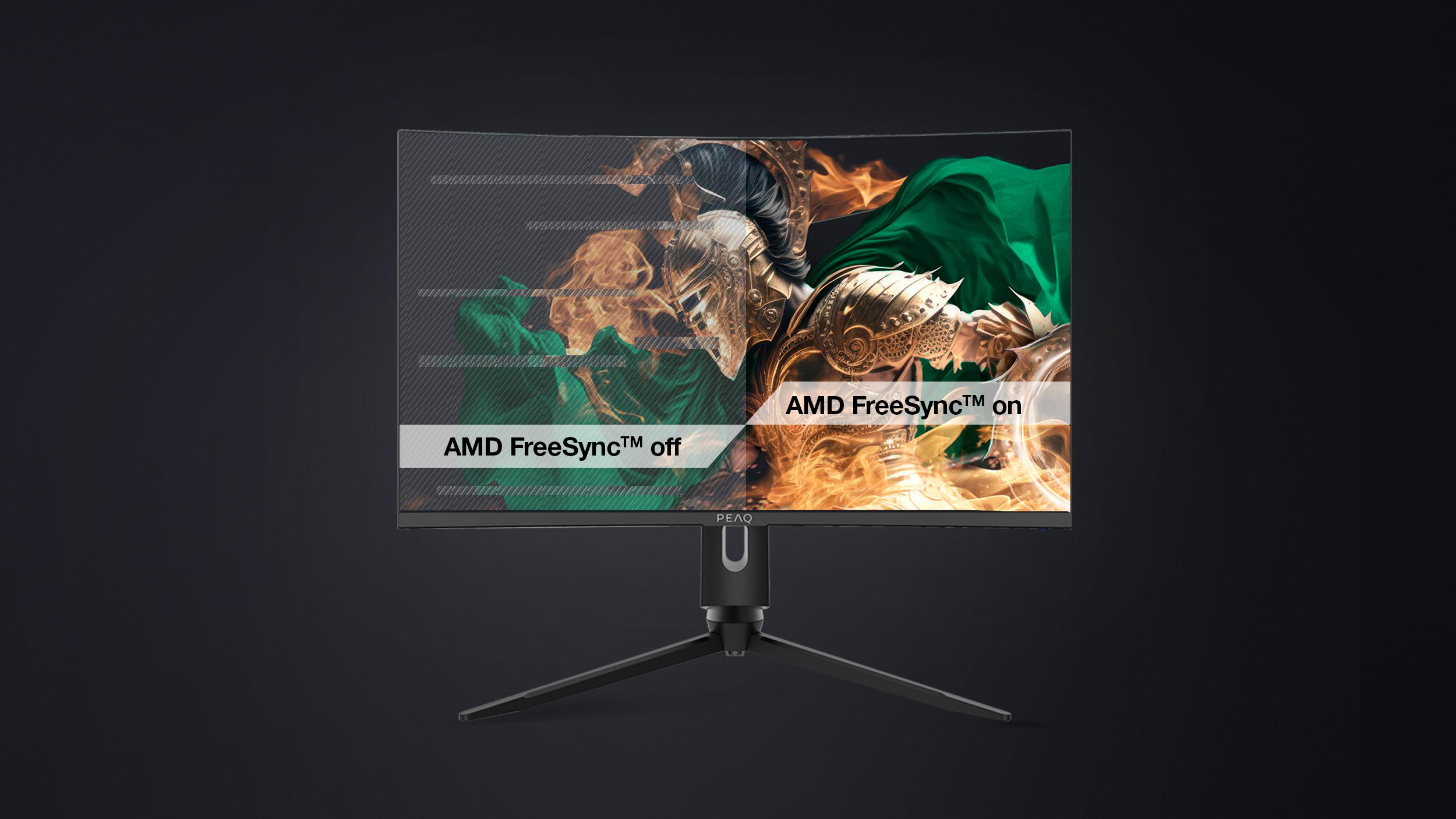 Ein gekrümmter Monitor zeigt einen geteilten Bildschirm, AMD FreeSync links aus und rechts an.