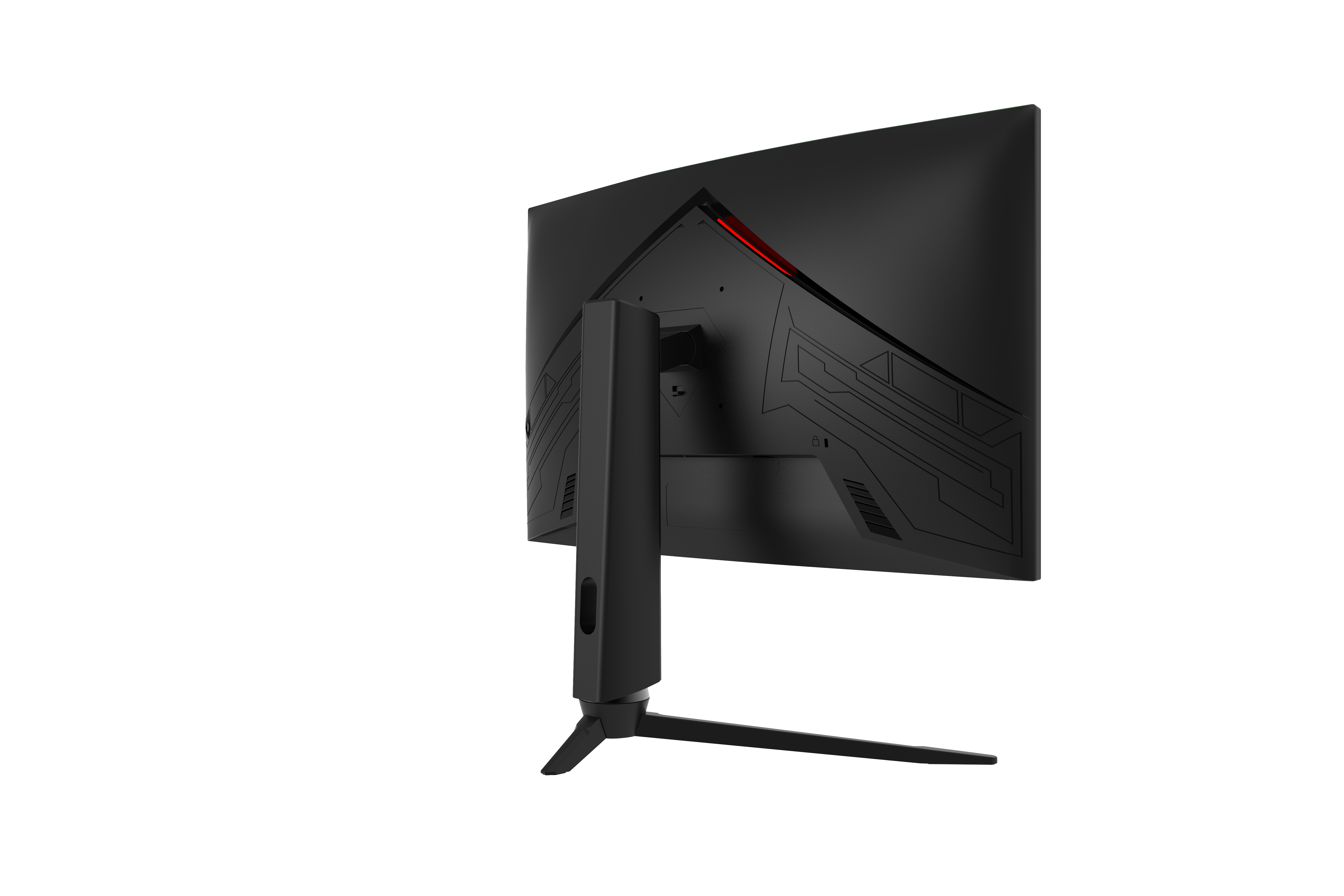 Rückansicht eines schwarzen, gebogenen Gaming-Monitors mit Ständer.