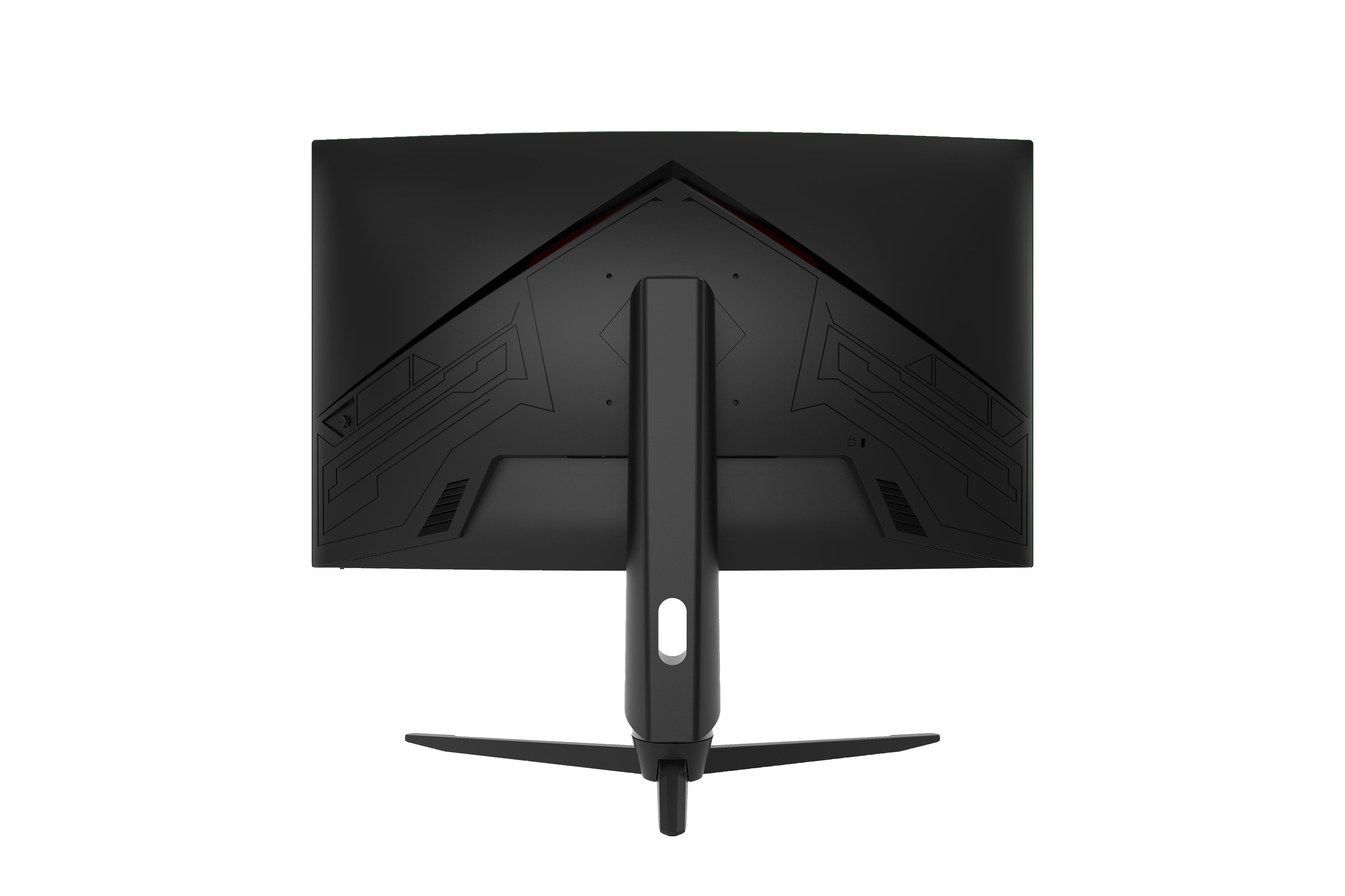 Schwarzer Computermonitor, Rückansicht. Mit schwarzem Ständer, Anschlüssen und roten Akzenten.
