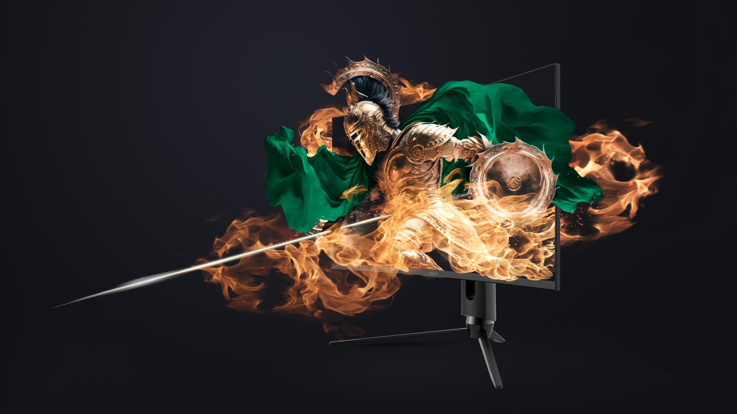 Ein Krieger in Flammen bricht aus einem Monitor, der einen Speer und einen Schild hält.