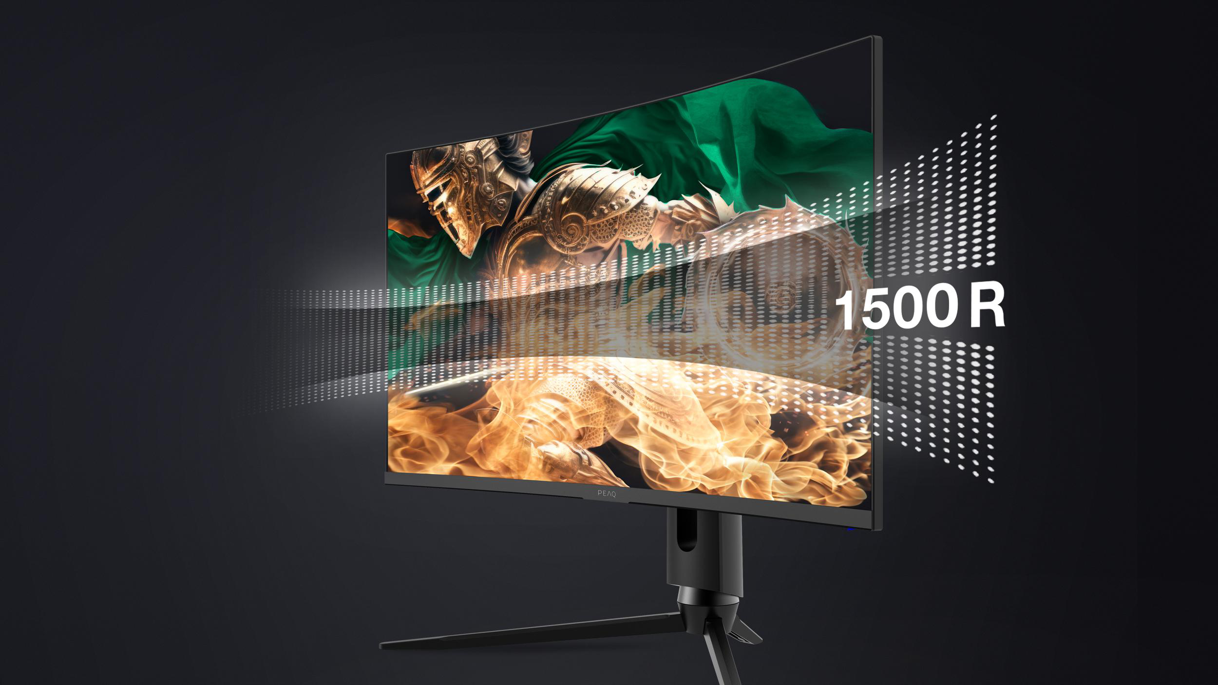 Gewölbter Gaming-Monitor mit einer Ritterkampf-Szene, die 1500R-Krümmung wird visuell dargestellt.