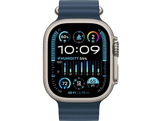 APPLE Ultra 2 (GPS + Cellular, Titane) 49 mm  - Smartwatch (130-200 mm, Fluoroélastomère, Titane Naturel/Bleu)