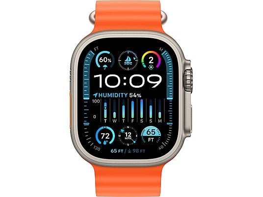 APPLE Ultra 2 (GPS + Cellular, Titane) 49 mm  - Smartwatch (130-200 mm, Fluoroélastomère, Titane Naturel/Orange)