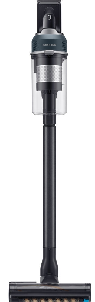 Czarny i szary odkurzacz Samsung, widok z przodu, lekko uniesiony do góry.