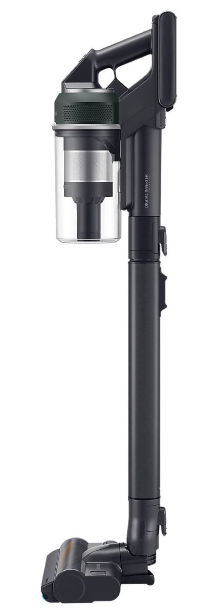 Czarno-srebrny odkurzacz Samsung Digital Inverter, stojący pionowo.