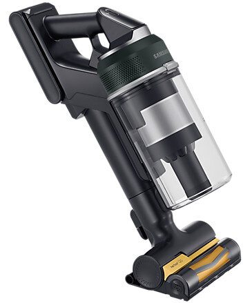 Odkurzacz bezprzewodowy, głównie czarny ze srebrnymi i przezroczystymi elementami.