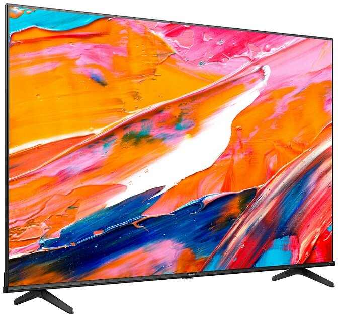 Duży telewizor z płaskim ekranem z kolorową sztuką abstrakcyjną.