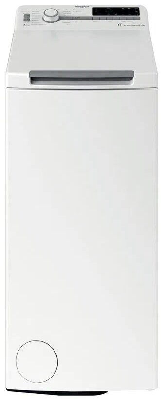 Biała pralka ładowana od góry z okrągłymi drzwiami i panelem sterowania na górze.