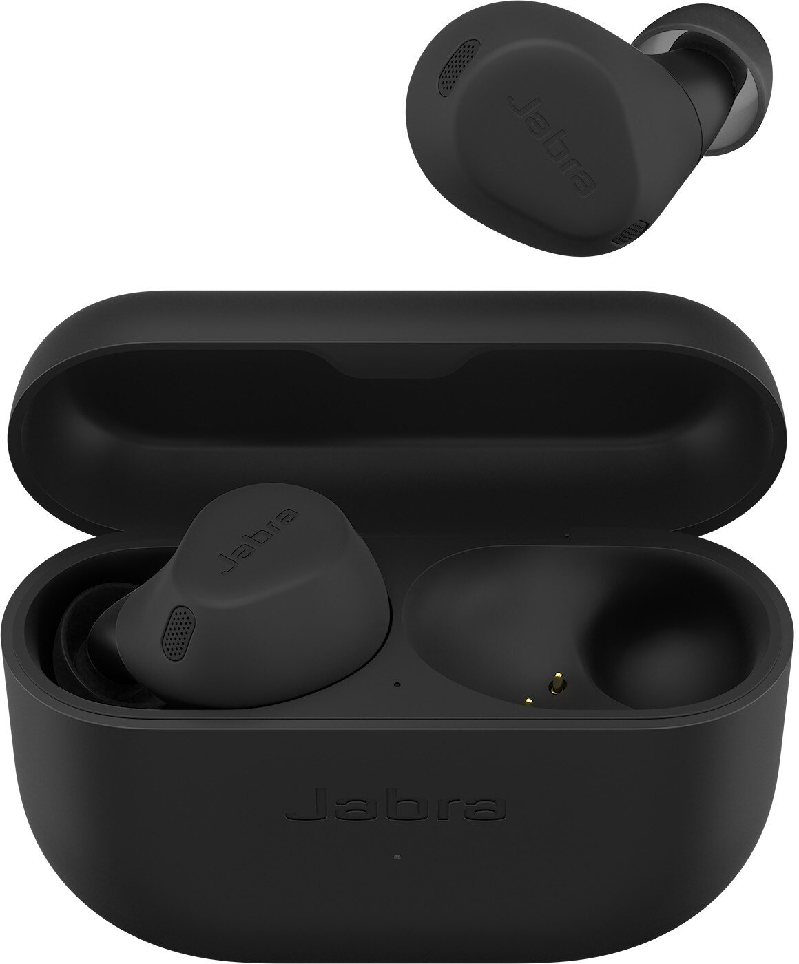 Czarne słuchawki Jabra i etui ładujące, czarne tło, widok z góry.