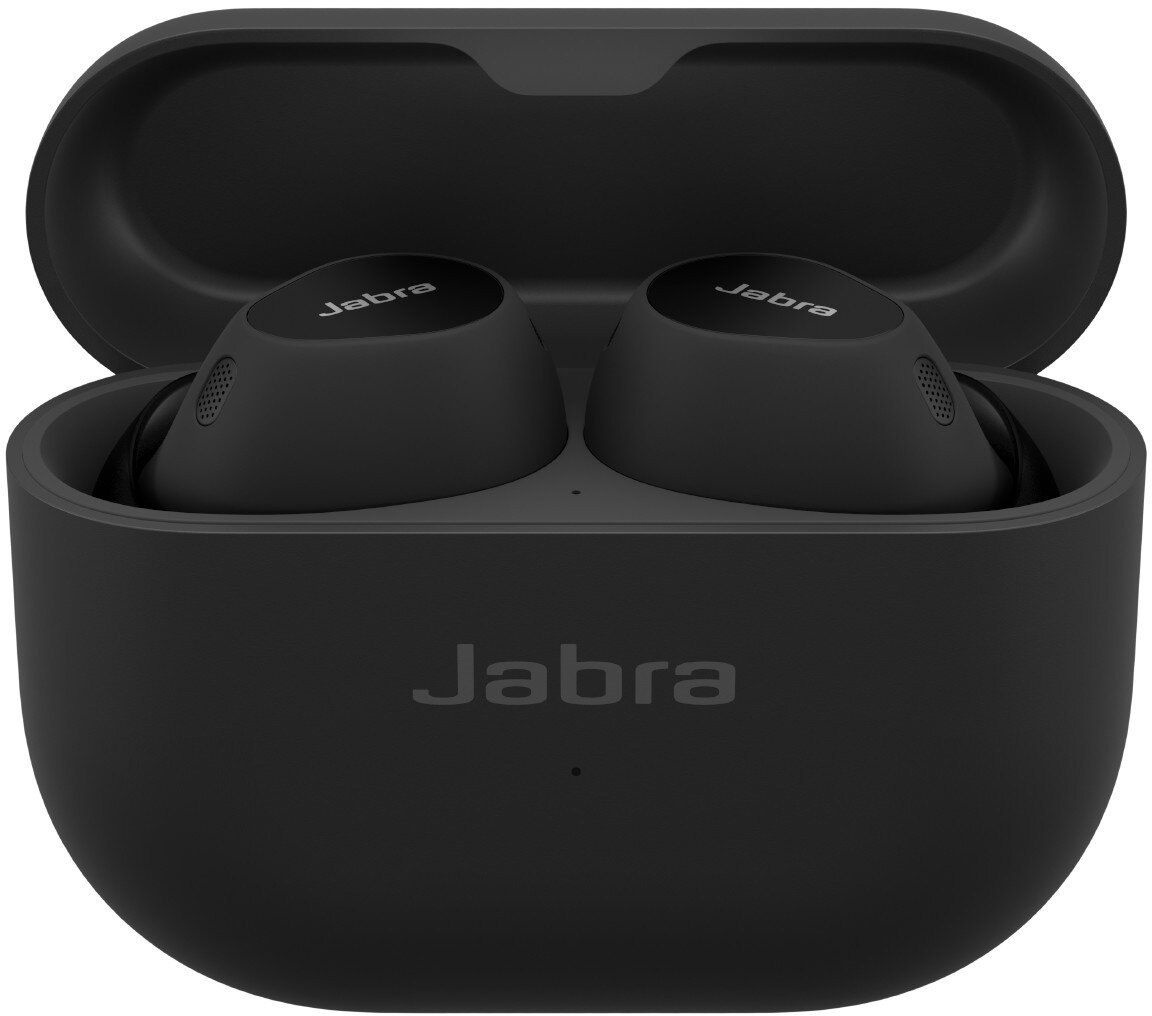 Czarne słuchawki Jabra w otwartym etui ładującym, widoczne logo Jabra.