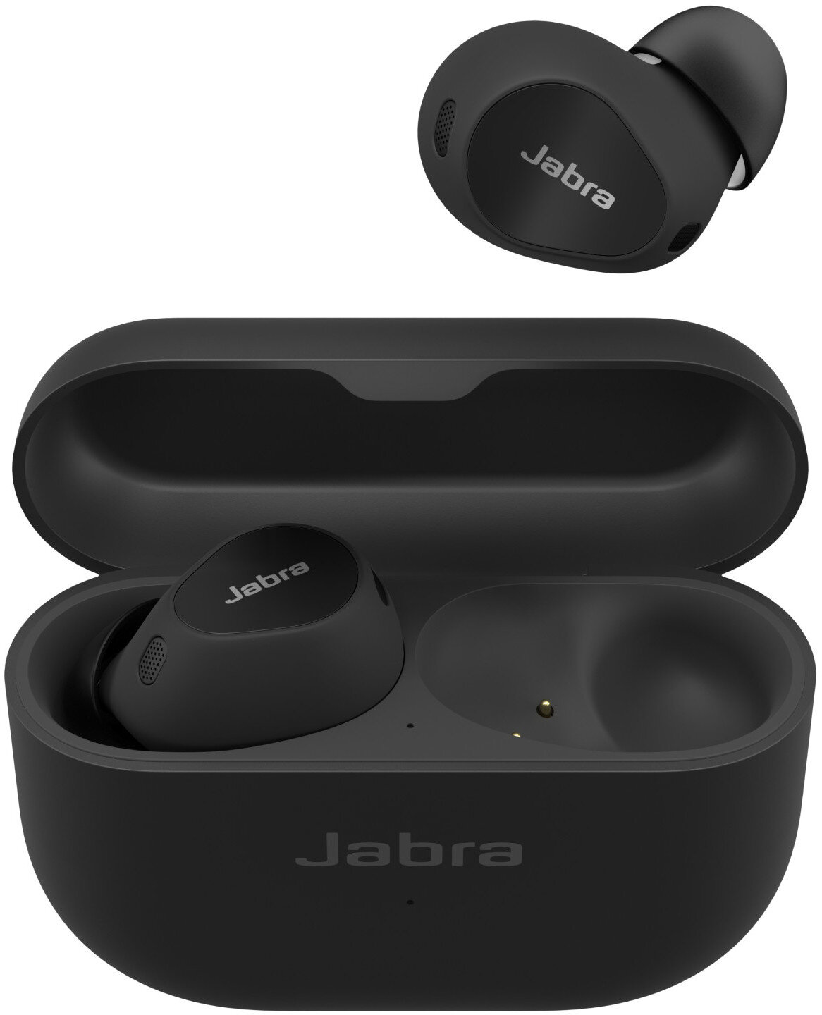 Czarne słuchawki Jabra, jedna w etui, dwie widoczne. Etui otwarte. Widoczne logo Jabra.