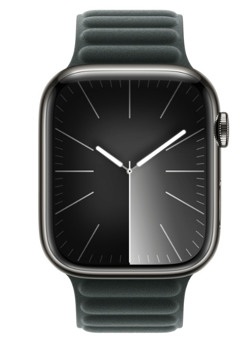 Apple Watch Series mit schwarzem Zifferblatt und dunkelgrünem Armband. Anzeige mit Digitaluhr.