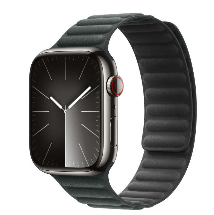Dunkelgraue Apple Watch mit schwarzem Bildschirm und dunkelgrauem Armband. Silbernes Gehäuse.