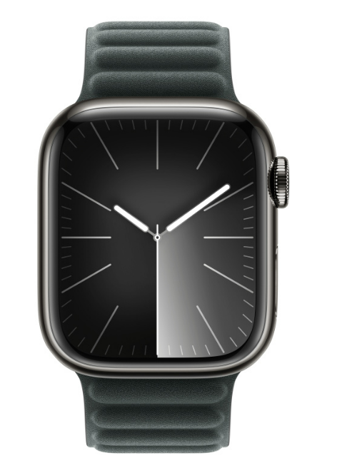 Apple Watch mit einem dunklen, verblendeten Zifferblatt, auf einem dunkelgrünen Armband.