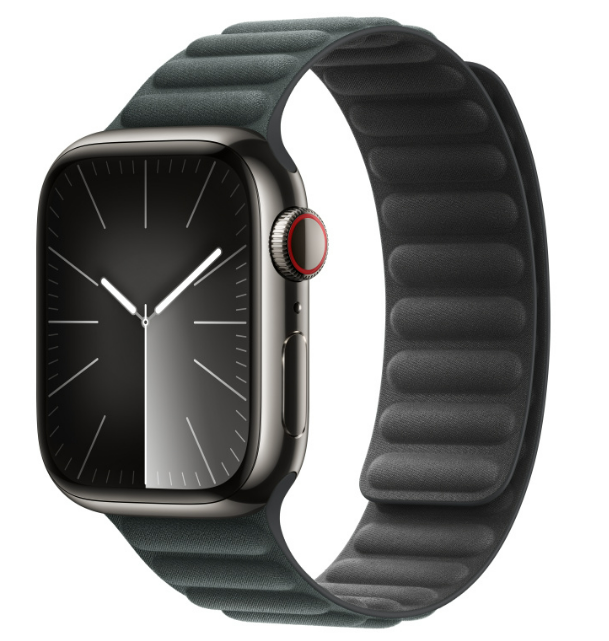 Eine schwarze Apple Watch mit einem dunkelgrünen magnetischen Schlaufenband.