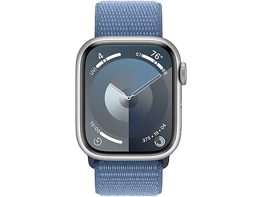 APPLE Watch Series 9 (GPS, alu) 41 mm - Smartwatch (Réglable en continu, Textile (neutre en carbone), Silver/Winter Blue)