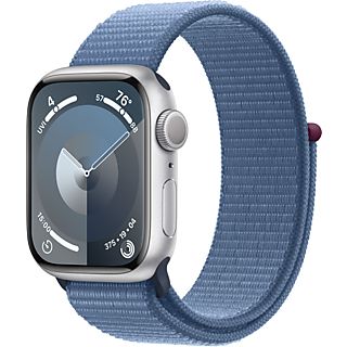 APPLE Watch Series 9 (GPS, Alu) 41 mm - Smartwatch (Stufenlos verstellbar, Textil (Carbon Neutral), Silber/Winterblau)