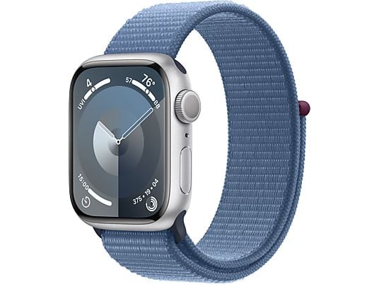 APPLE Watch Series 9 (GPS, Alu) 41 mm - Smartwatch (Stufenlos verstellbar, Textil (Carbon Neutral), Silber/Winterblau)