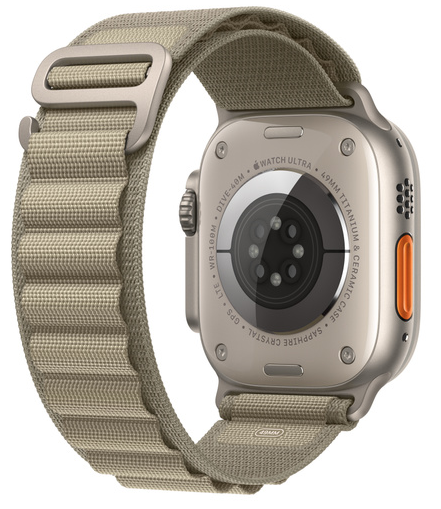 Rückseite einer Apple Watch Ultra mit beigem Armband. Zeigt Sensoren und Details.