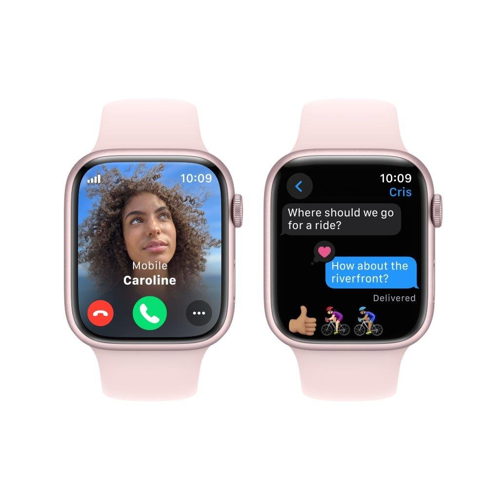 Dwa różowe Apple Watch: jeden podczas rozmowy, drugi z wiadomością tekstową.