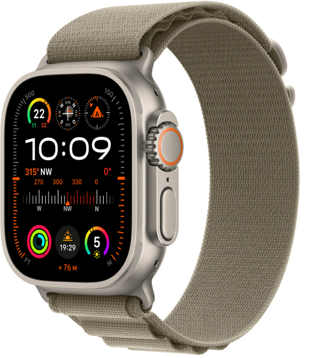 Eine Apple Watch Ultra an einem Khaki-Band, zeigt Kompass und Gesundheitsdaten auf dem Bildschirm.
